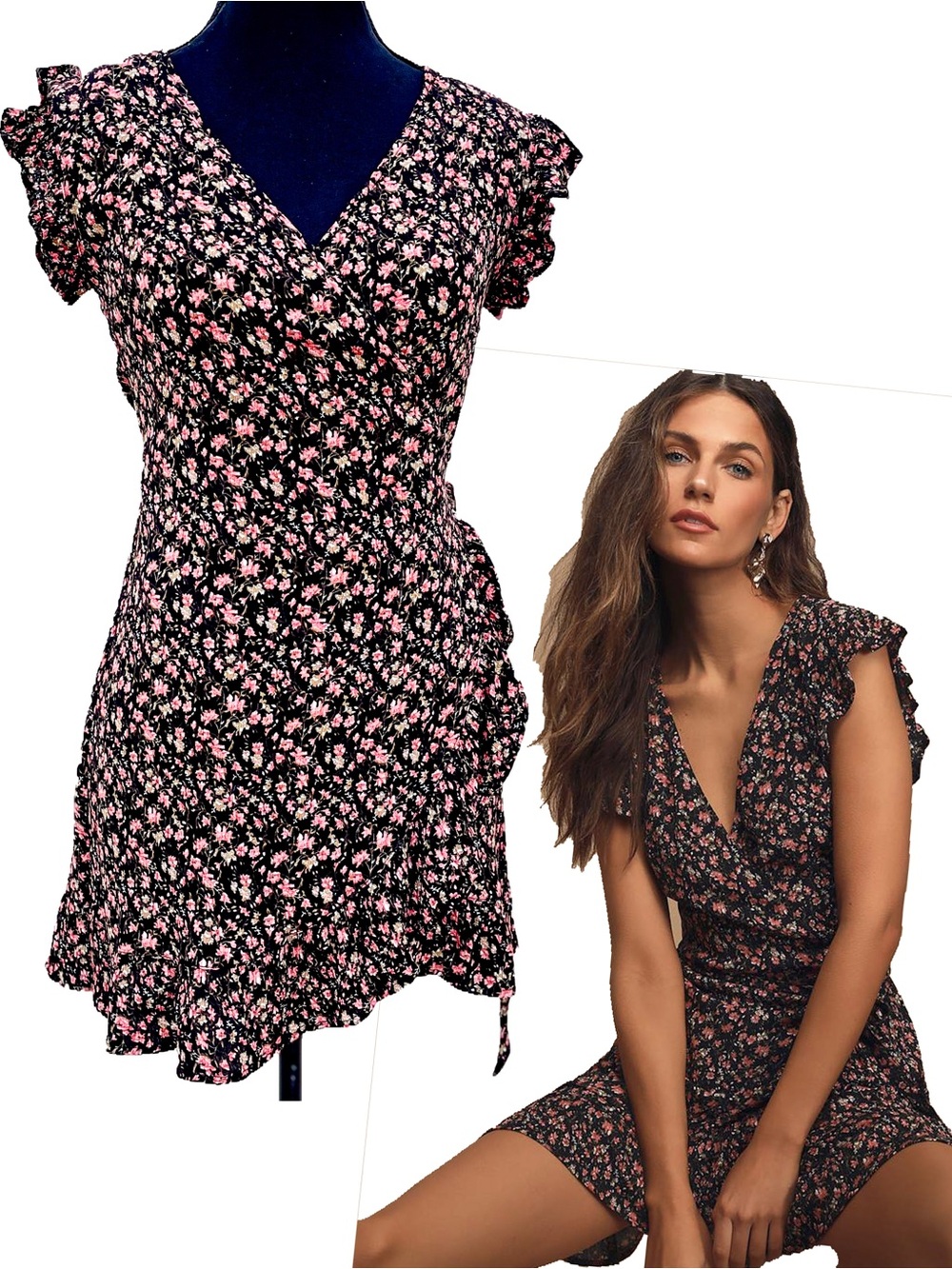 Lulu's Black Mini Dress with Pink Floral Pattern